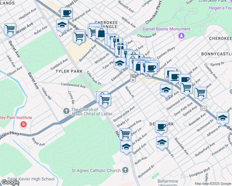 map of restaurants, bars, coffee shops, grocery stores, and more near 1659 Eastern Parkway in Louisville