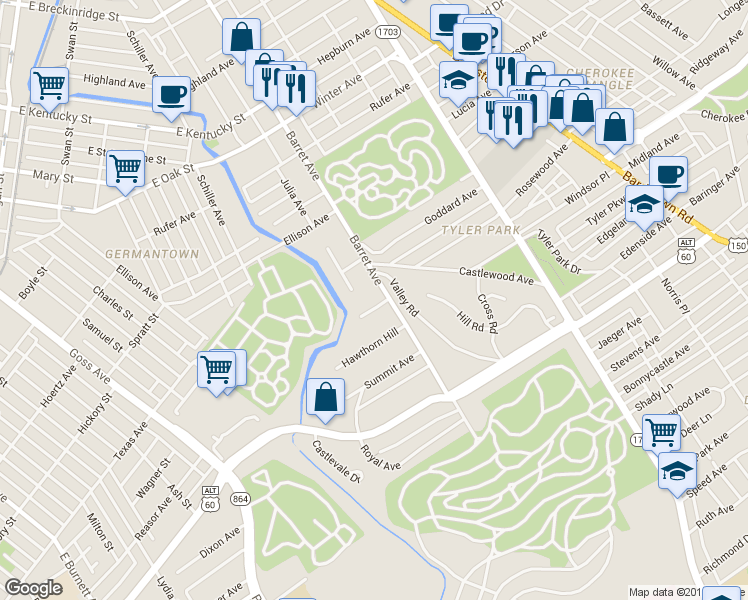 map of restaurants, bars, coffee shops, grocery stores, and more near 112 Valley Road in Louisville