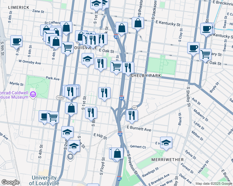 map of restaurants, bars, coffee shops, grocery stores, and more near 1321 South Floyd Street in Louisville