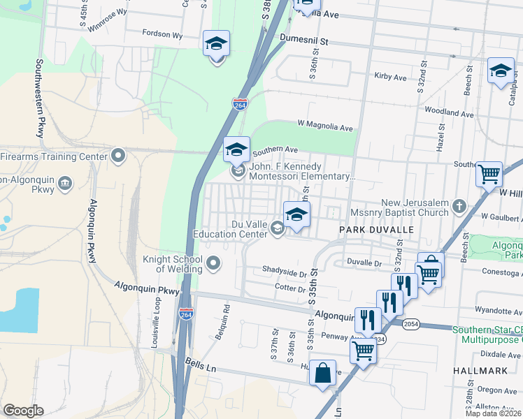 map of restaurants, bars, coffee shops, grocery stores, and more near 1609 South 38th Street in Louisville