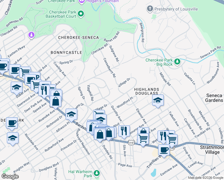 map of restaurants, bars, coffee shops, grocery stores, and more near 1822 Casselberry Road in Louisville