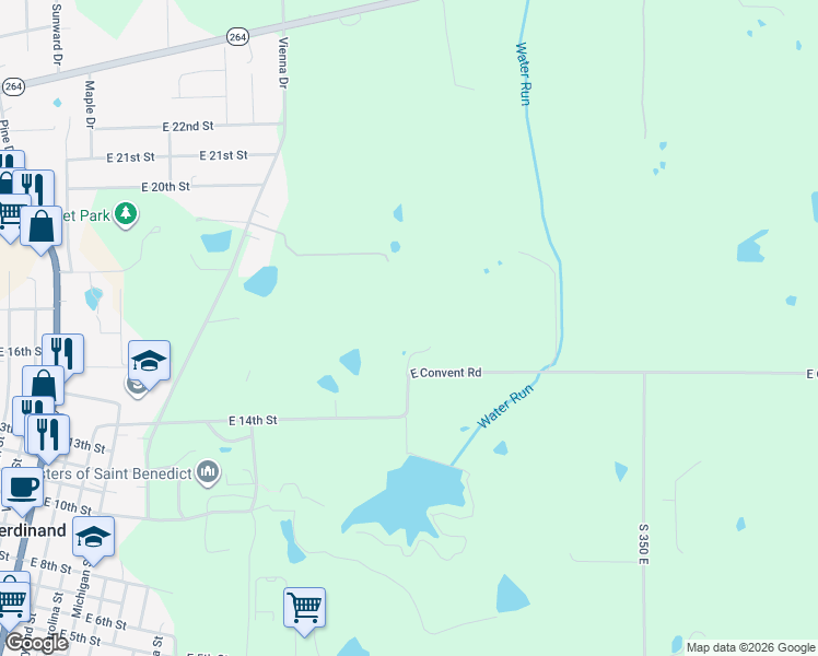 map of restaurants, bars, coffee shops, grocery stores, and more near 3083 East Convent Road in Ferdinand