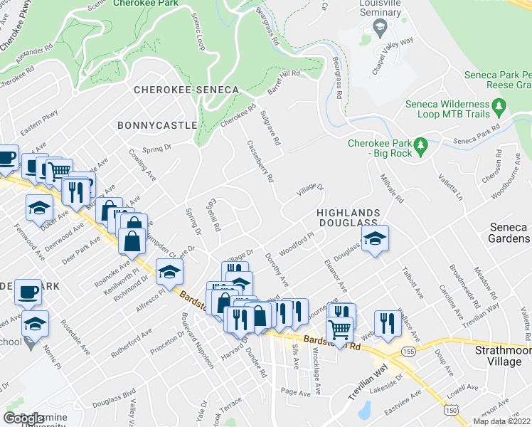 map of restaurants, bars, coffee shops, grocery stores, and more near 1822 Casselberry Road in Louisville