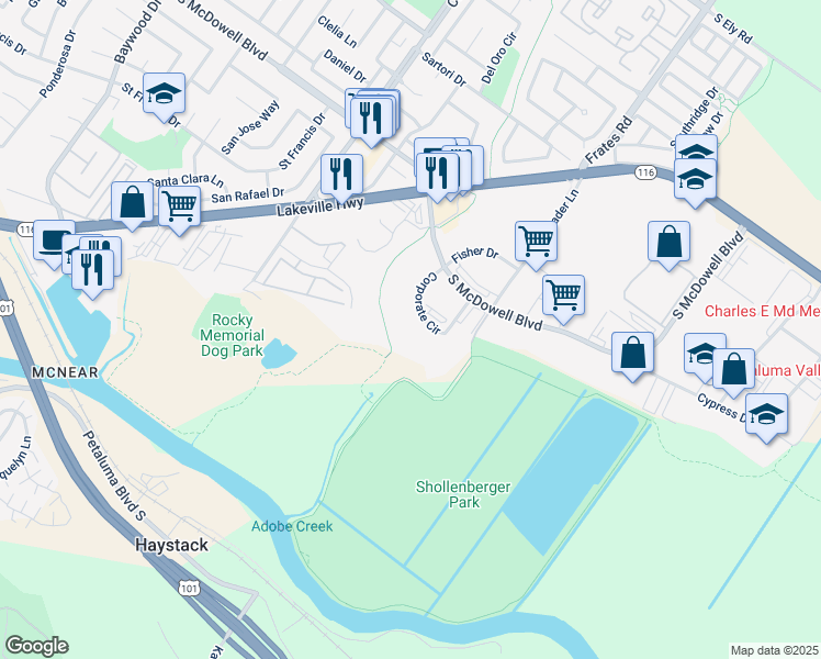 map of restaurants, bars, coffee shops, grocery stores, and more near 1650 Corporate Cir in Petaluma