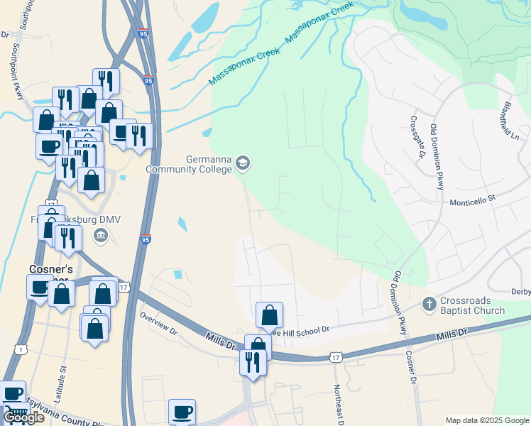 map of restaurants, bars, coffee shops, grocery stores, and more near 9909 Blade Court in Fredericksburg