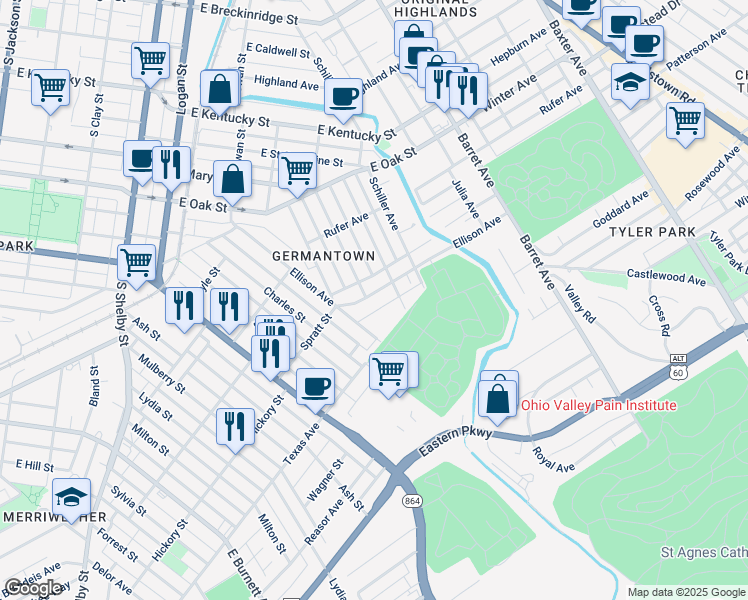 map of restaurants, bars, coffee shops, grocery stores, and more near 1122 Ellison Avenue in Louisville