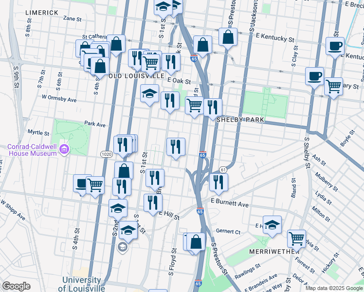 map of restaurants, bars, coffee shops, grocery stores, and more near 1329 South Brook Street in Louisville
