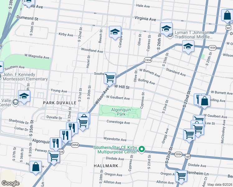 map of restaurants, bars, coffee shops, grocery stores, and more near 2930 Wilson Avenue in Louisville