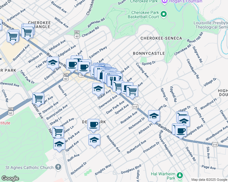 map of restaurants, bars, coffee shops, grocery stores, and more near 1704 Bardstown Road in Louisville