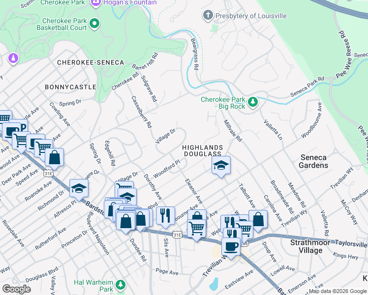 map of restaurants, bars, coffee shops, grocery stores, and more near 2317 Village Drive in Louisville