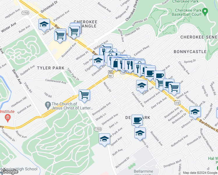 map of restaurants, bars, coffee shops, grocery stores, and more near 1820 Sherwood Avenue in Louisville