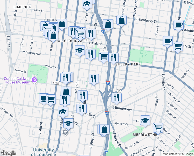 map of restaurants, bars, coffee shops, grocery stores, and more near 1329 South Brook Street in Louisville
