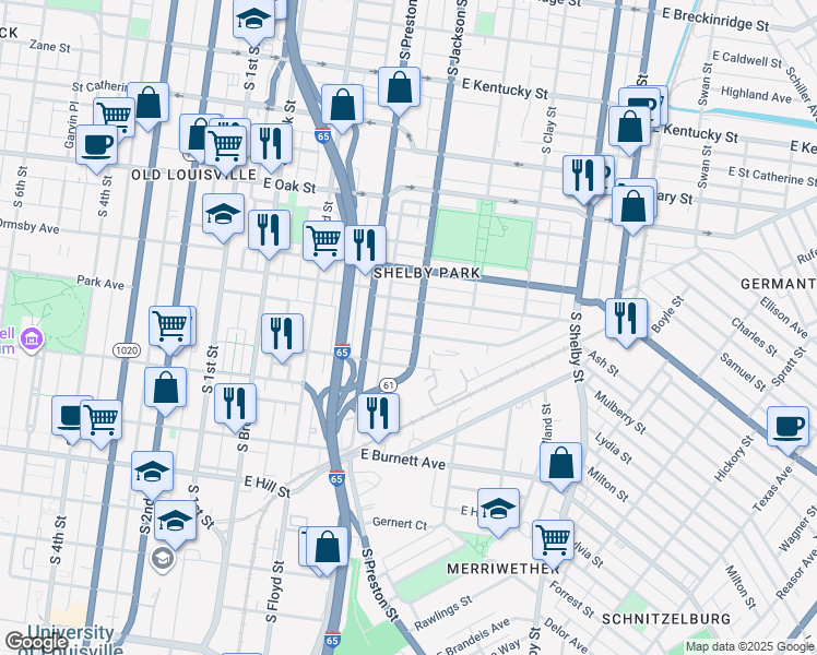 map of restaurants, bars, coffee shops, grocery stores, and more near 433 Marret Avenue in Louisville