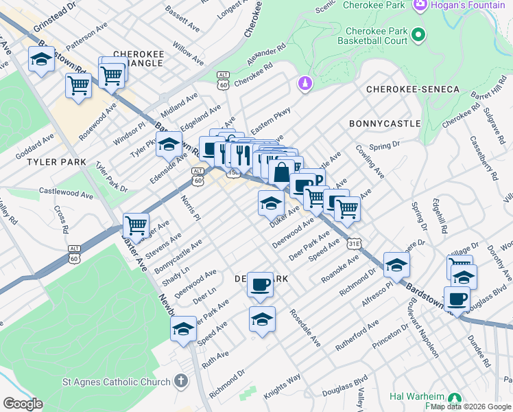 map of restaurants, bars, coffee shops, grocery stores, and more near 1919 Bonnycastle Avenue in Louisville