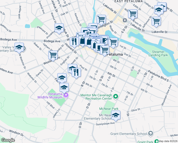 map of restaurants, bars, coffee shops, grocery stores, and more near 700 B Street in Petaluma