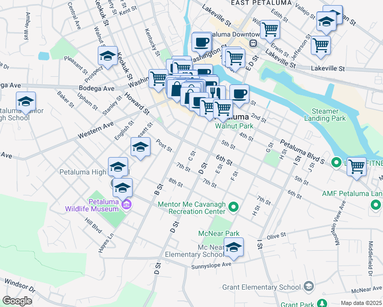 map of restaurants, bars, coffee shops, grocery stores, and more near in Petaluma
