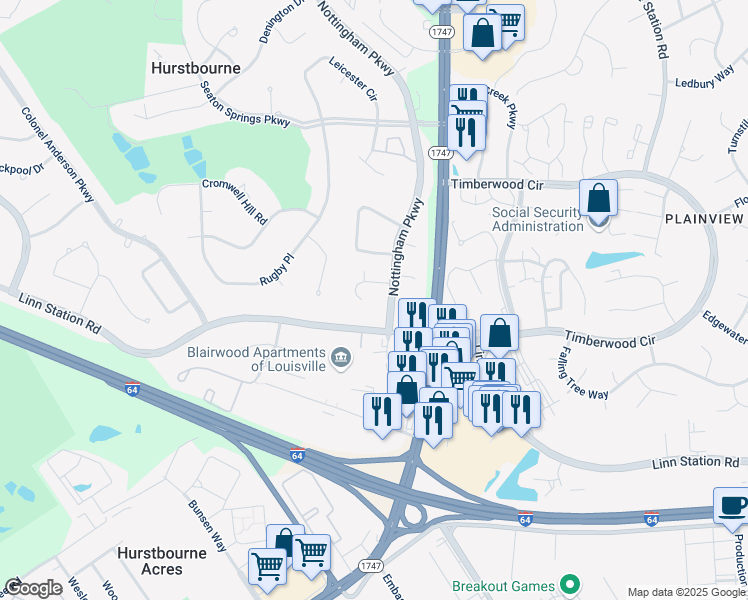 map of restaurants, bars, coffee shops, grocery stores, and more near in Louisville