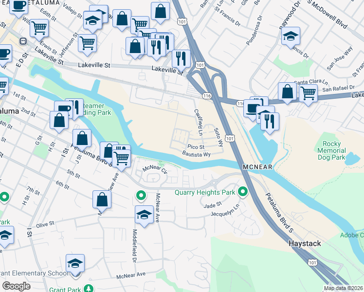map of restaurants, bars, coffee shops, grocery stores, and more near 1743 Guadalupe Street in Petaluma