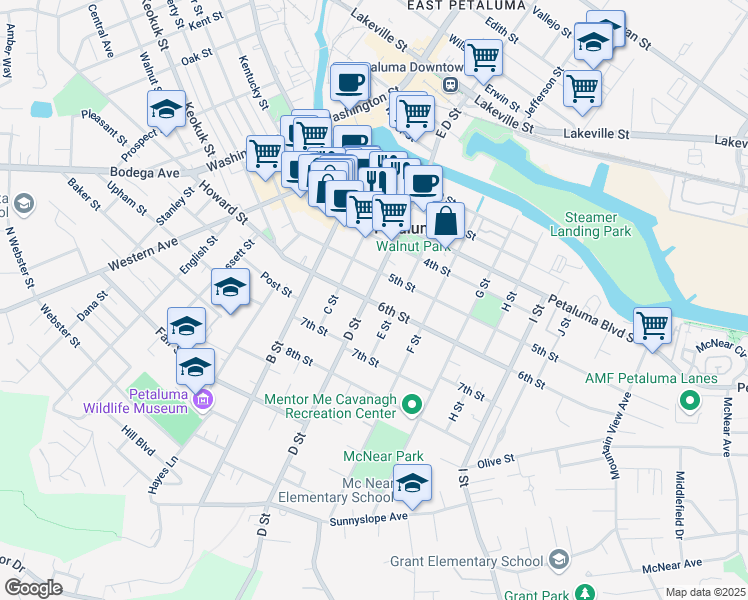 map of restaurants, bars, coffee shops, grocery stores, and more near in Petaluma