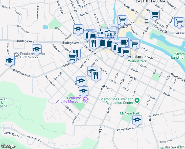map of restaurants, bars, coffee shops, grocery stores, and more near 141 Upham Street in Petaluma