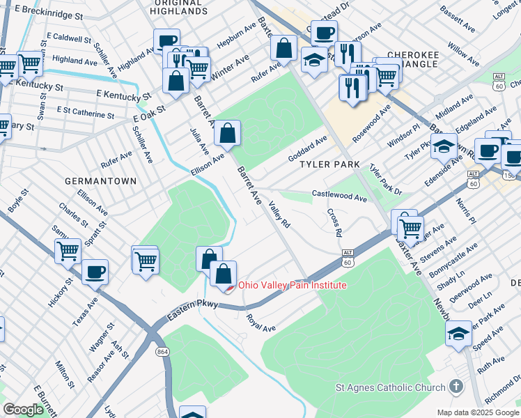 map of restaurants, bars, coffee shops, grocery stores, and more near 112 Valley Road in Louisville