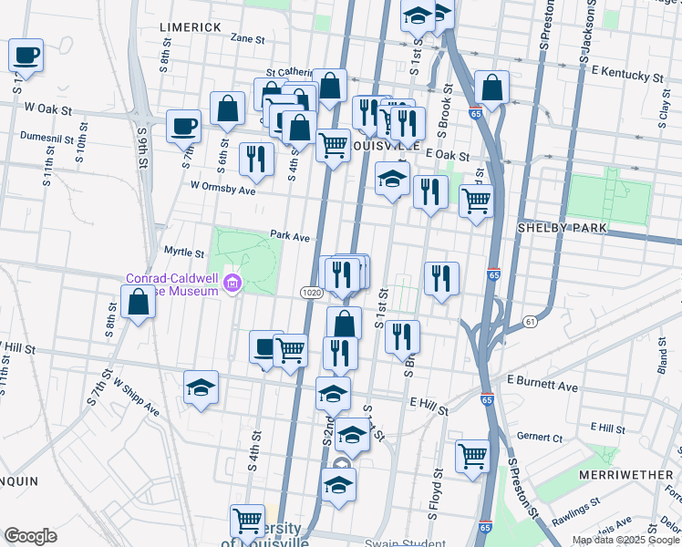 map of restaurants, bars, coffee shops, grocery stores, and more near 1354 South 2nd Street in Louisville