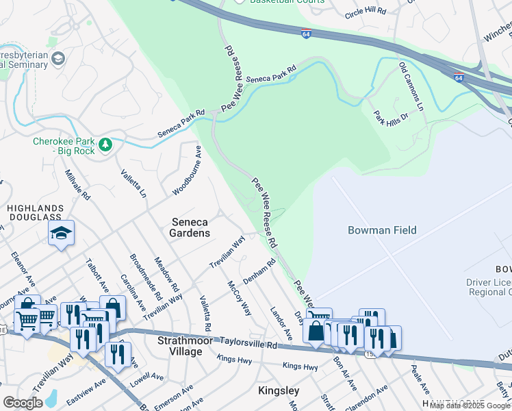 map of restaurants, bars, coffee shops, grocery stores, and more near 2300 Pee Wee Reese Road in Louisville