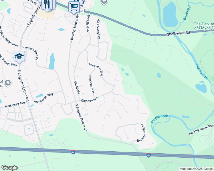 map of restaurants, bars, coffee shops, grocery stores, and more near 15007 Glendower Drive in Louisville