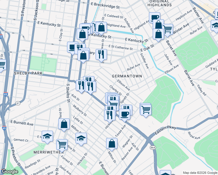 map of restaurants, bars, coffee shops, grocery stores, and more near 965 Charles Street in Louisville