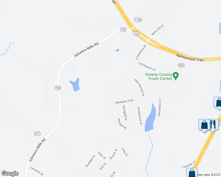 map of restaurants, bars, coffee shops, grocery stores, and more near Four Seasons Drive in Ruckersville