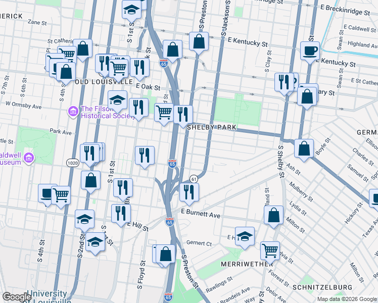 map of restaurants, bars, coffee shops, grocery stores, and more near 1318 South Preston Street in Louisville