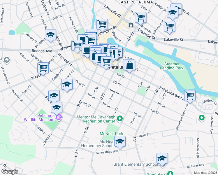 map of restaurants, bars, coffee shops, grocery stores, and more near 521 D Street in Petaluma