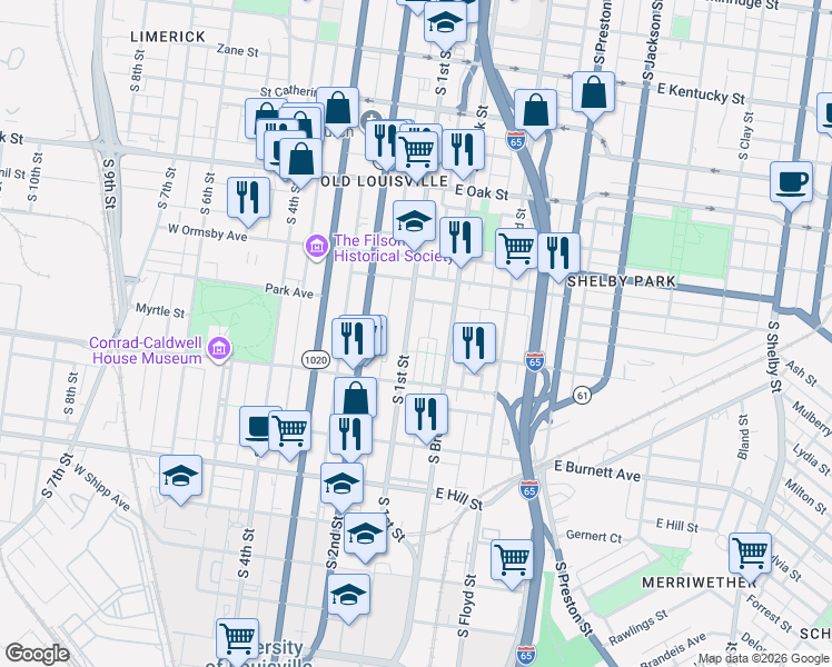 map of restaurants, bars, coffee shops, grocery stores, and more near 1348 South 1st Street in Louisville