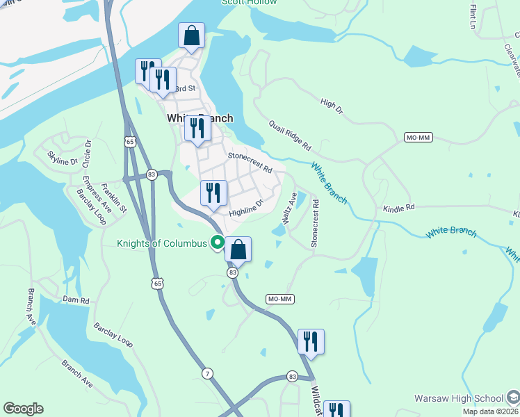 map of restaurants, bars, coffee shops, grocery stores, and more near 31719 Highline Drive in Warsaw