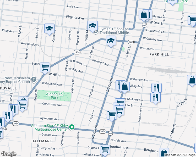 map of restaurants, bars, coffee shops, grocery stores, and more near 2211 Bolling Avenue in Louisville