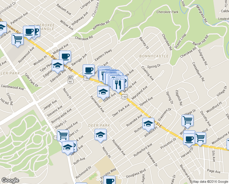 map of restaurants, bars, coffee shops, grocery stores, and more near 1607 U.S. 150 in Louisville