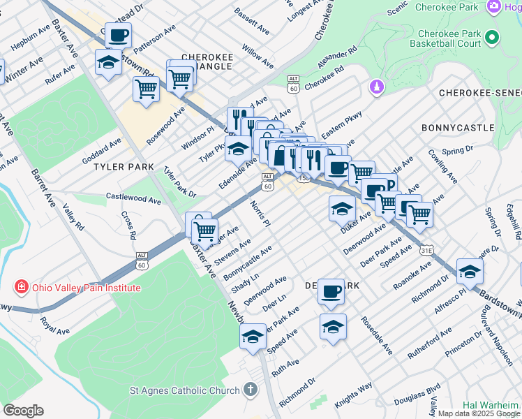 map of restaurants, bars, coffee shops, grocery stores, and more near 1724 Eastern Parkway in Louisville