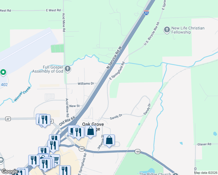 map of restaurants, bars, coffee shops, grocery stores, and more near 1116 East Springfield Road in Sullivan