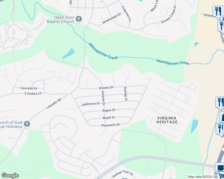 map of restaurants, bars, coffee shops, grocery stores, and more near 206 Bowen Drive in Fredericksburg