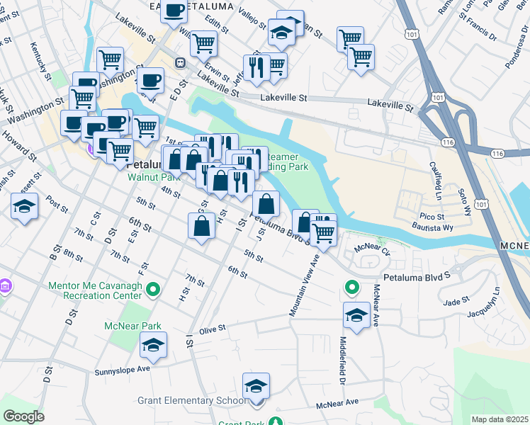 map of restaurants, bars, coffee shops, grocery stores, and more near 727 Petaluma Boulevard South in Petaluma