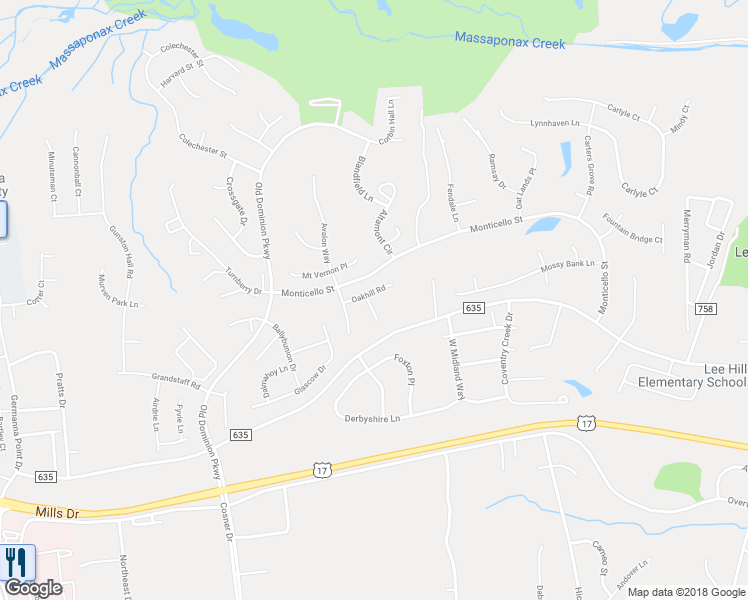 map of restaurants, bars, coffee shops, grocery stores, and more near 4210 Oakhill Road in Fredericksburg