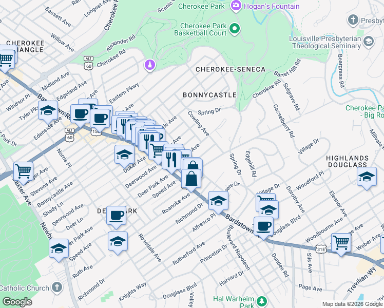 map of restaurants, bars, coffee shops, grocery stores, and more near 2124 Maryland Avenue in Louisville