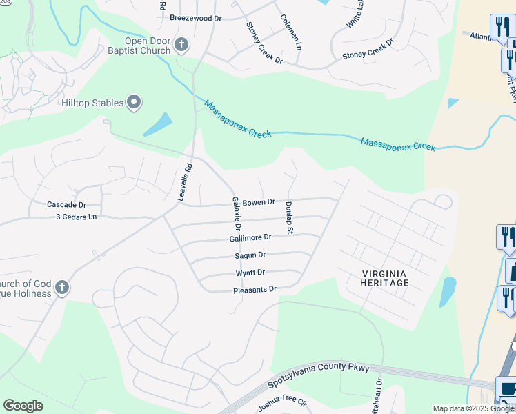 map of restaurants, bars, coffee shops, grocery stores, and more near 206 Bowen Drive in Fredericksburg