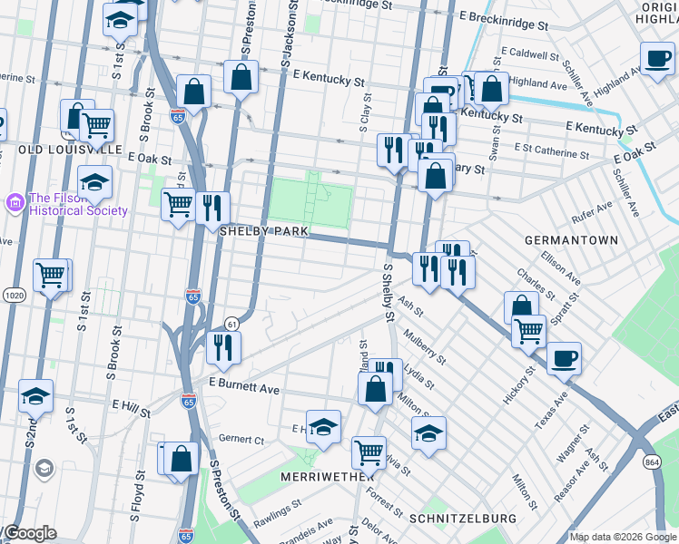 map of restaurants, bars, coffee shops, grocery stores, and more near 633 East Ormsby Avenue in Louisville