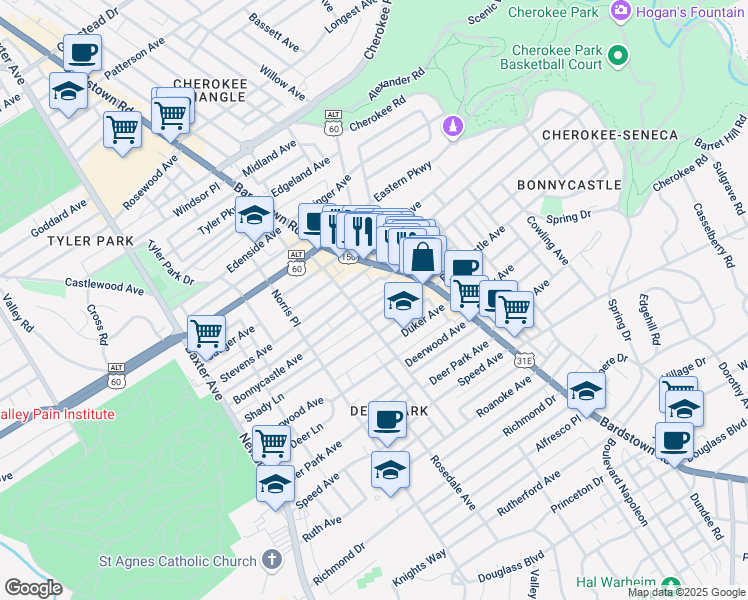 map of restaurants, bars, coffee shops, grocery stores, and more near 1919 Maplewood Place in Louisville