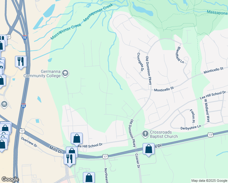 map of restaurants, bars, coffee shops, grocery stores, and more near 4301 Murven Park Lane in Fredericksburg