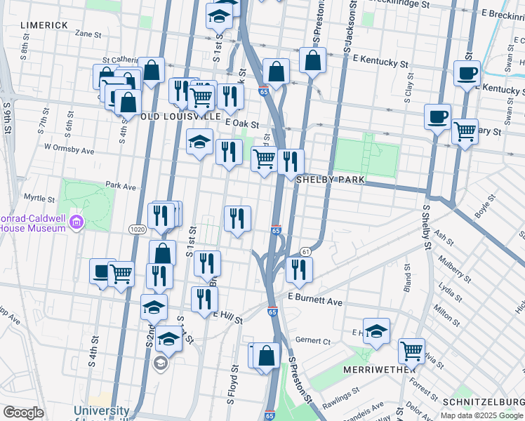 map of restaurants, bars, coffee shops, grocery stores, and more near 1321 South Floyd Street in Louisville