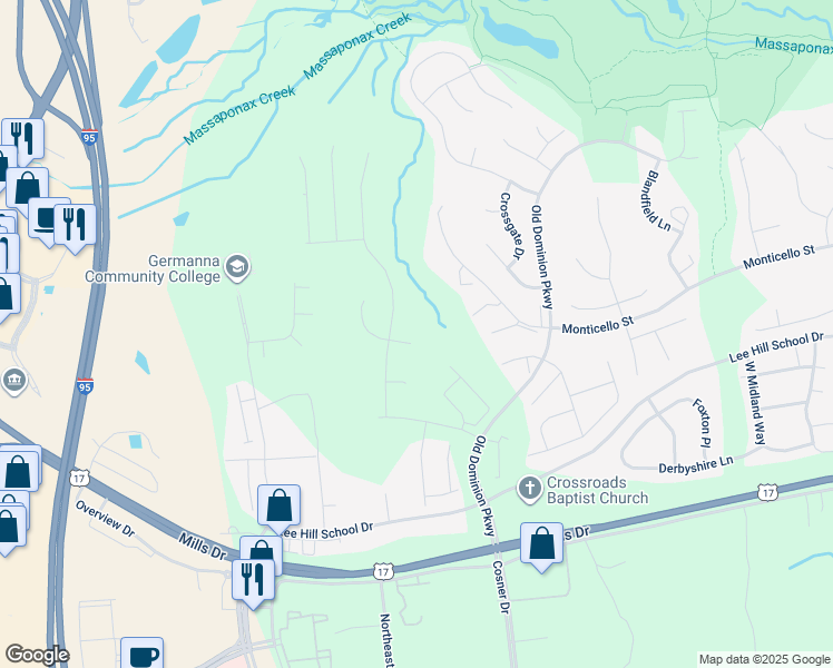 map of restaurants, bars, coffee shops, grocery stores, and more near 4301 Murven Park Lane in Fredericksburg