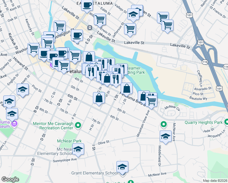 map of restaurants, bars, coffee shops, grocery stores, and more near 615 Petaluma Boulevard South in Petaluma