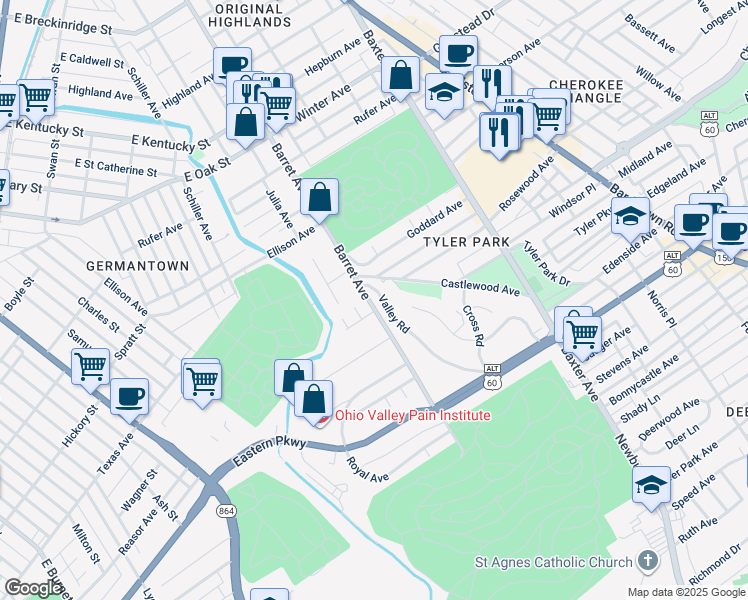 map of restaurants, bars, coffee shops, grocery stores, and more near 112 Valley Road in Louisville
